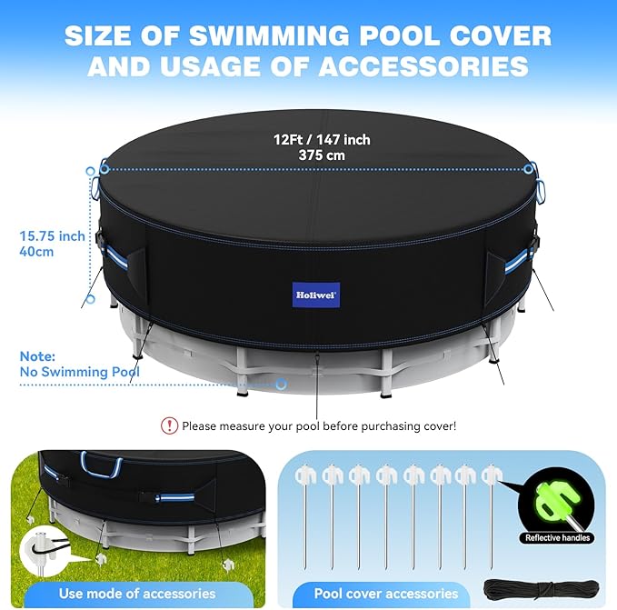 12 Ft Round Pool Cover with Reflective Strips, 420D Swimming Pool Cover for Above Ground Pools, Solar Cover with Drawstring and Ground Nails for Dustproof, UV Protected