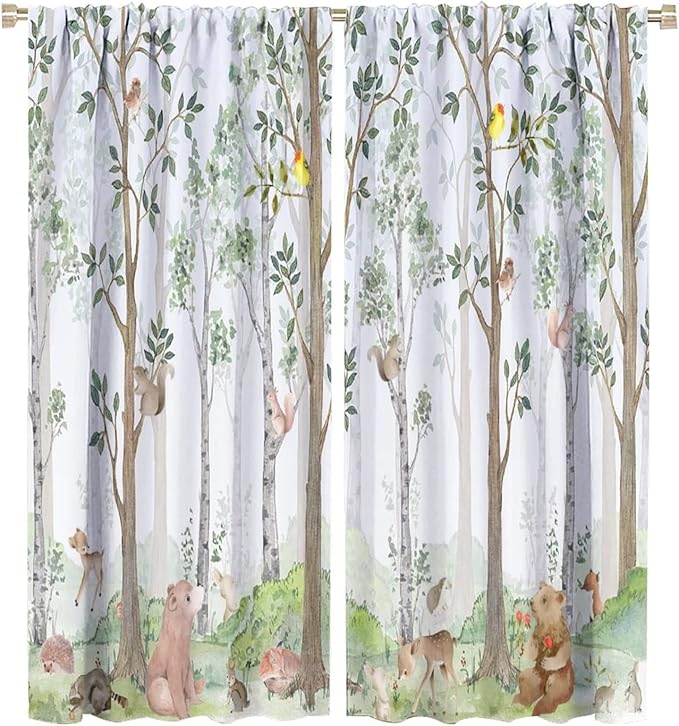 Kids Watercolor Woodland Animal Window Curtains, Bear Deer Squirrel Hedgehog Fox Birds Green Forest Blackout Rod Pocket Window Treatment for Boys Girls Bedroom 72x63in