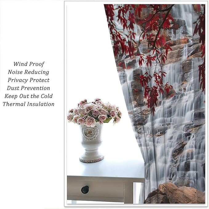 Waterfall Blackout Windows Curtains, Waterfall Red Forest Pattern Nature View Curtains, for Living Room Bedroom 42x45in 2 Panels