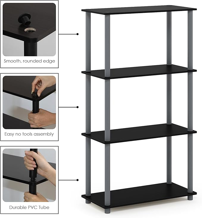 Furinno (99557BK/GY) Turn-N-Tube 4-Tier Multipurpose Shelf Display Rack - Black/Grey