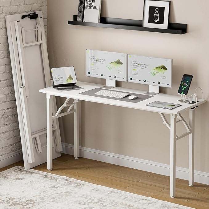 Frylr Small Folding Computer Desk – 55.1 Inch Portable Table for Craft and Study, Lightweight Desk for Small Spaces, Foldable Laptop Table Built-in AC/USB Outlets for Convenience, White