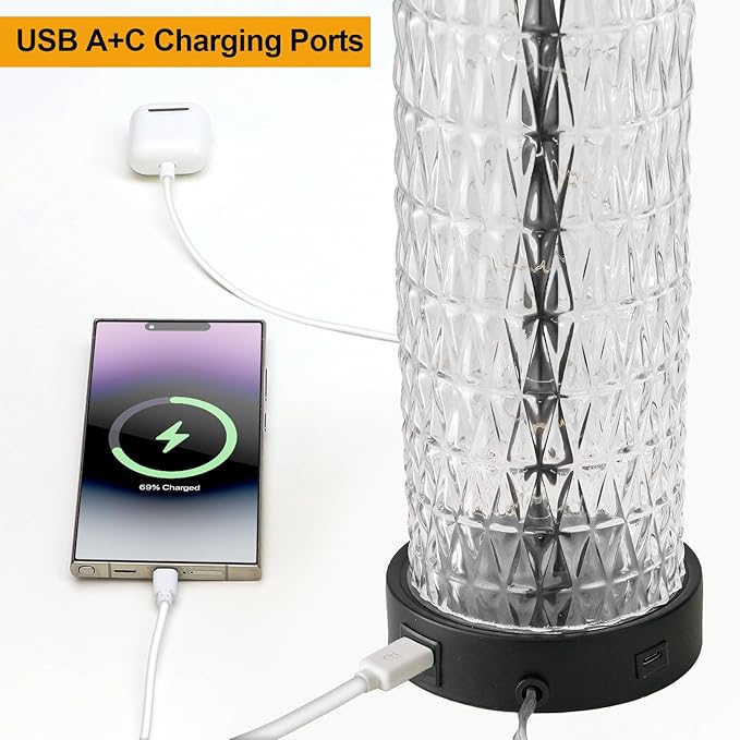 Oneach 27.75” Table Lamps Set of 2, USB A+C, Glass Lamps