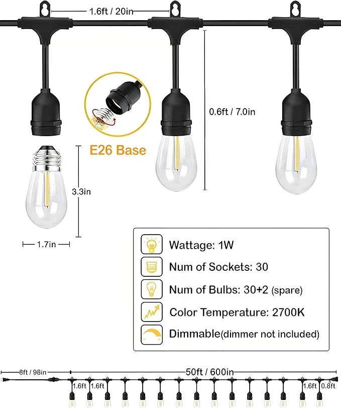 50FT Outdoor String Lights Waterproof