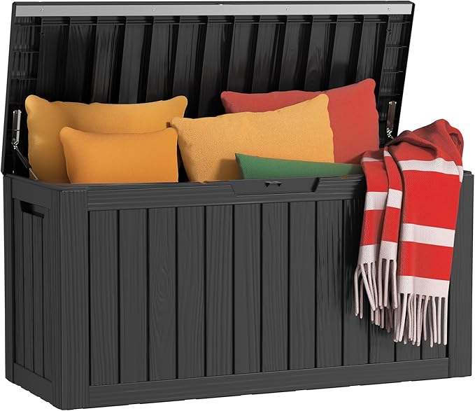 80 Gallon Waterproof Resin Deck Box, UV Resistant Outdoor Storage for Garden, Patio, Porch, Delivery, Striped Black