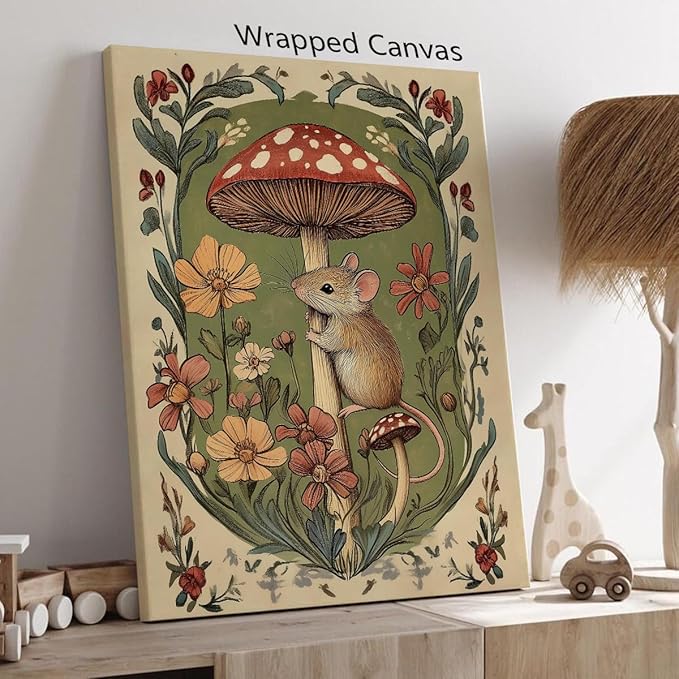 Nursery Animal Canvas Wall Art, Mouse and Toadstool Poster, Rustic Mushroom Mouse Painting, Cozy Folk Art Prints, Countryside Botanical Floral Painting for Kids Room 24x36in Framed