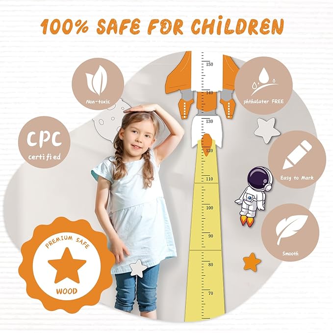 Personalized Name Height Chart for Kids, Cute Rocket Wooden Growth Chart for Kids, Wall Height Chart for Children, Cute Wall Ruler for Kids, Track Height Measurement, Easy to Install