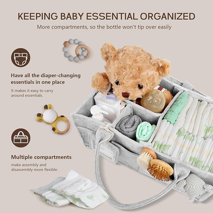 GEMII Diaper Caddy Organizer - Large Baby Caddy Organizer with Handle for Newborn Essentials Boy or Girl (Gray, Large)