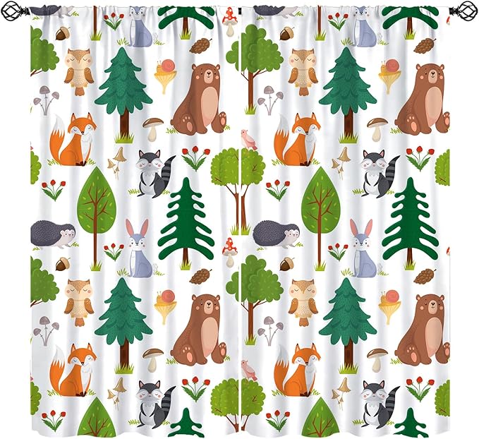 Jungle Animal Curtains, Woodland Animals Forest Pattern Blackout Window Treatments, Rod Pocket Thermal Insulated Drapes 2 Panel Sets for Kids Room Nursery Classroom, 72" W X 63" L