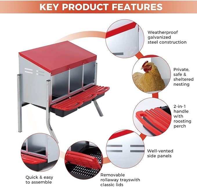 Heavy Duty 3-Compartment Chicken Nesting Box – Rollaway Egg Collection, Removable Galvanized Steel Tray, Perch, Lid, Metal Legs, Wall Mount or Freestanding, Hen Laying Box – Red, Three Grids
