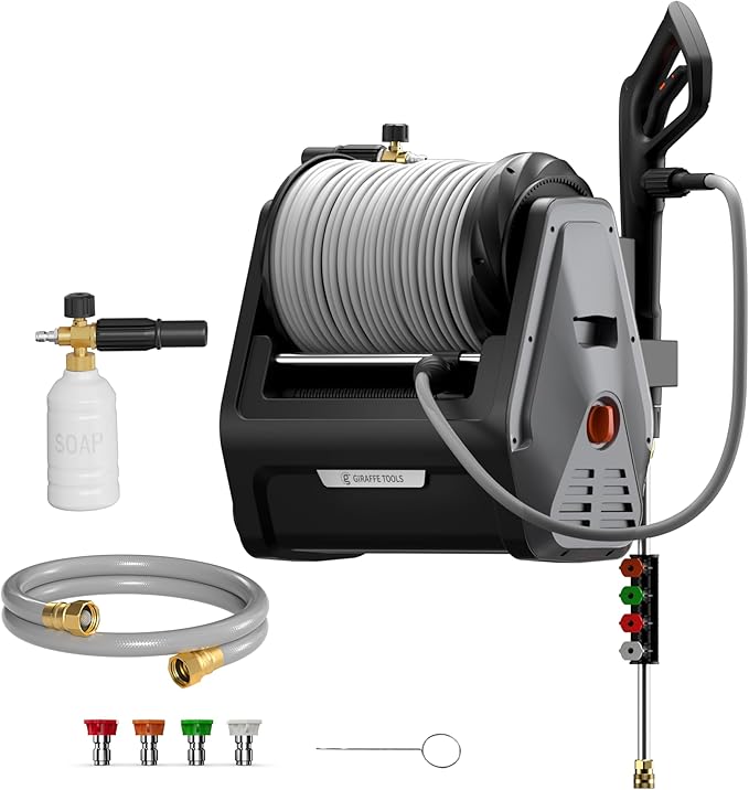Giraffe Tools Grandfalls Retractable Wall Mount Pressure Washer Plus, Max 2900PSI 2.2 GPM, Electric Power Washer with 100ft Pressure Hose for Car/Patios, Automatic Rewind, Dark Silver