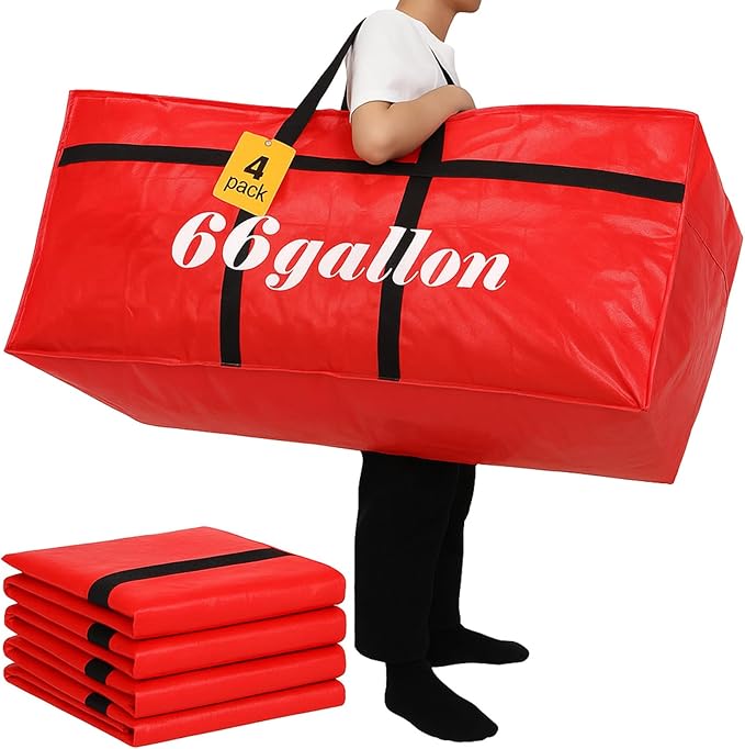 4 Pcs 66 Gallon Large Moving Bags with Zipper and Handles Foldable Storage Duffle Bags Heavy Duty Extra Large Totes for College Dorm Travel Clothes Blankets Bedding Moving (Red)