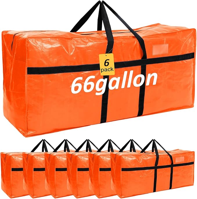 6 Pcs 66 Gallon Large Moving Bags with Zipper and Handles Foldable Storage Duffle Bags Heavy Duty Extra Large Totes for College Dorm Travel Clothes Blankets Bedding Moving (Orange)