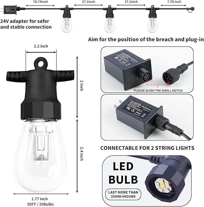 Outdoor String Lights 50FT, Outdoor Lights