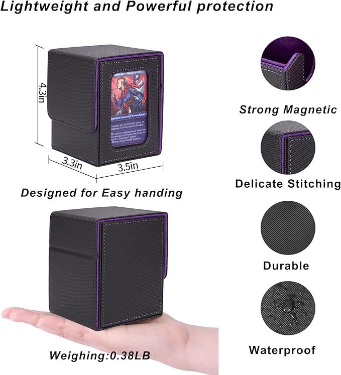 AFIING MTG Deck Box for Commander Display,Card Deck Box Fits 100 Double Sleeved Cards, Magic Commander TCG Card Storage Box with 2 Dividers,Drawstring Bag and 1 Toploader(Black/Purple)