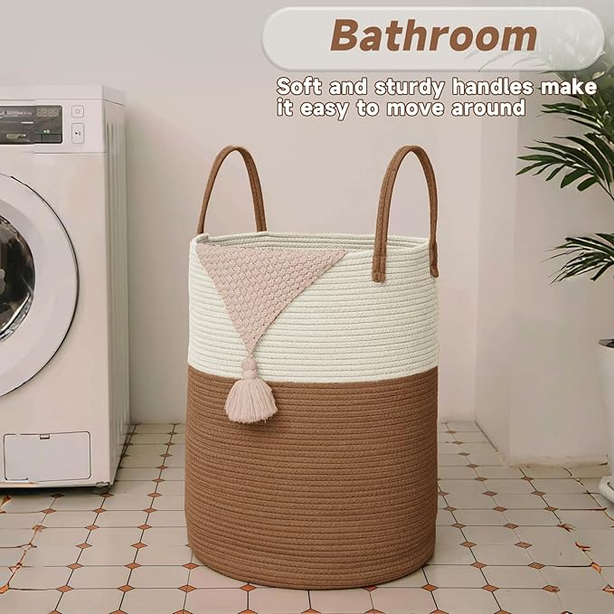 Large Woven Laundry Basket Hamper,60L Cotton Rope Storage Bin for Blankets,Toys and Clothes,Decorative Tall Nursery Hamper for Living Room,Baby Nursery,Bathroom and Bedroom,White and Brown