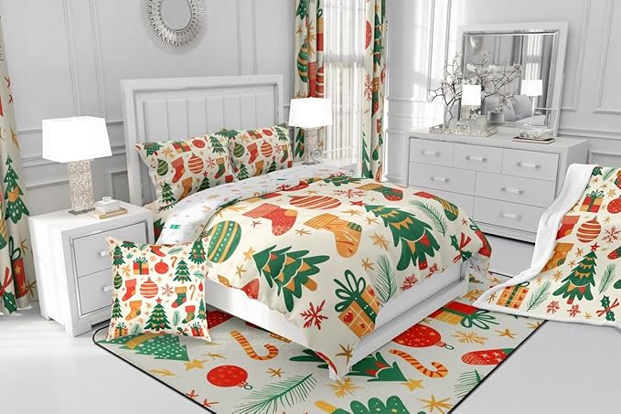 Feelyou Christmas Comforter Set All Season Xmas Tree Bedding Set with 2 Pillow Cases New Year Gift Microfiber Kids Full Bedclothes Christmas Stockings Bedroom Decor Duvet Quilt Breathable Soft