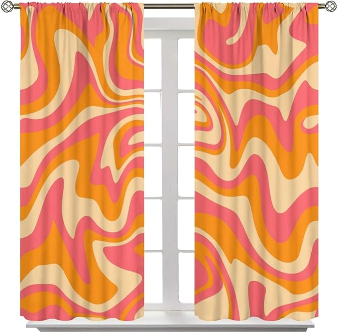 Abstract Wavy Swirl Curtains,60s 70s Groovy Aesthetic Retro Boho Orange Pink Abstract Curtains for Girls Bedroom Living Room Window 63"" W X 72"" L, Style-2
