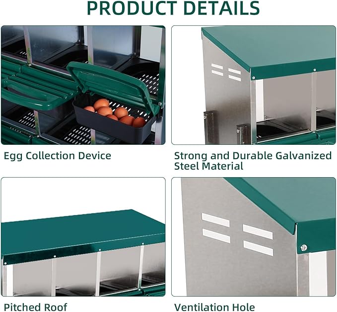 8 Compartment Metal Chicken Nesting Box, Automatic Roll-Out Egg Collection, Waterproof Galvanized Steel Laying Box, for Hens Ducks Rabbits, Green