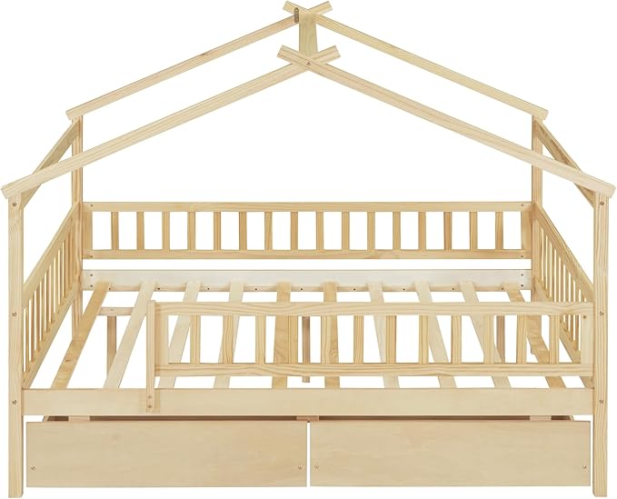 Full House Bed with 2 Storage Drawers, Kids Full Bed Frame with Rails and Roof, Tent Bed, Wooden Full Daybed, Full Montessori Bed for Kids Teens Girls & Boys, No Box Spring Needed (Natural)