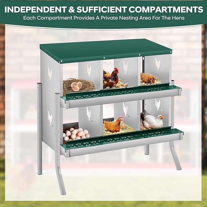 6-Hole Chicken Nesting Box, Rustproof Galvanized Steel, Wall-Mounted Metal Laying Box for Hens, Easy Egg Collection & Cleaning, Roll Away Nest Boxes - Green