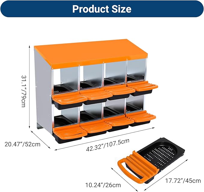 Nesting Boxes for Chickens, 8 Compartments Chicken Nesting Box, Chicken Laying Boxes with Lid Cover, Roll Away Nesting Box for Chickens Laying Egg, Orange