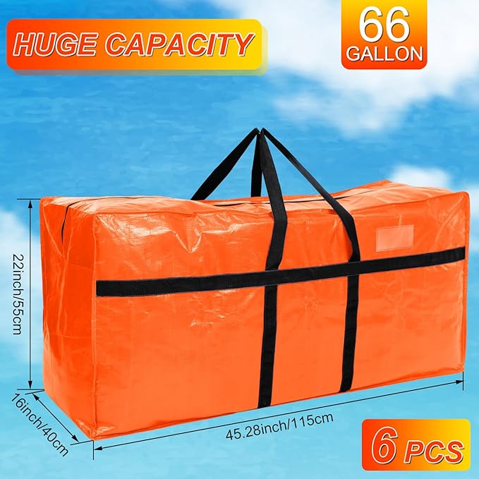 6 Pcs 66 Gallon Large Moving Bags with Zipper and Handles Foldable Storage Duffle Bags Heavy Duty Extra Large Totes for College Dorm Travel Clothes Blankets Bedding Moving (Orange)