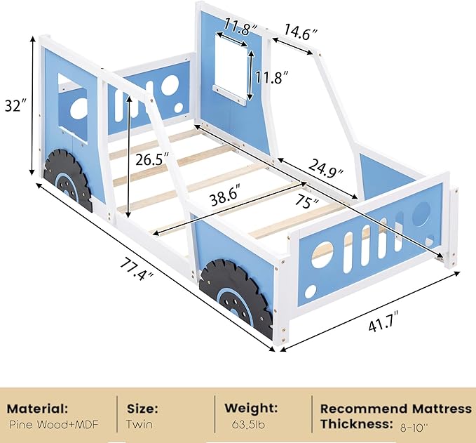 Twin Size Car Bed, Wood Floor Bed Frame with Headboard & Footboard and 4 Side Rails, Kids Racecar Bed for Boys Girls Teens, Blue