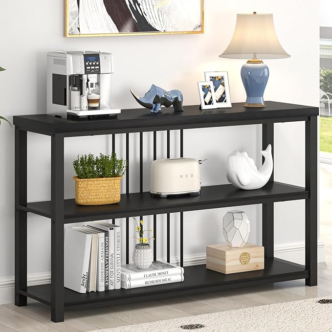 FOLUBAN Entryway Table, Modern Sofa Console Table with 3 Tier Storage Shelf for Living Room Hallway Foyer, Industrial Black Oak