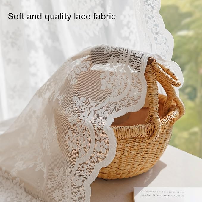 Anmao Vintage White Lace Curtains 80 Inches Long 2 Panels Set, Romantic Elegant Light Filtering Semi Sheer Floral Thick Lacy Curtain Drapes for Living Room and Bedroom, Each Panel 55W x 80L, Off White