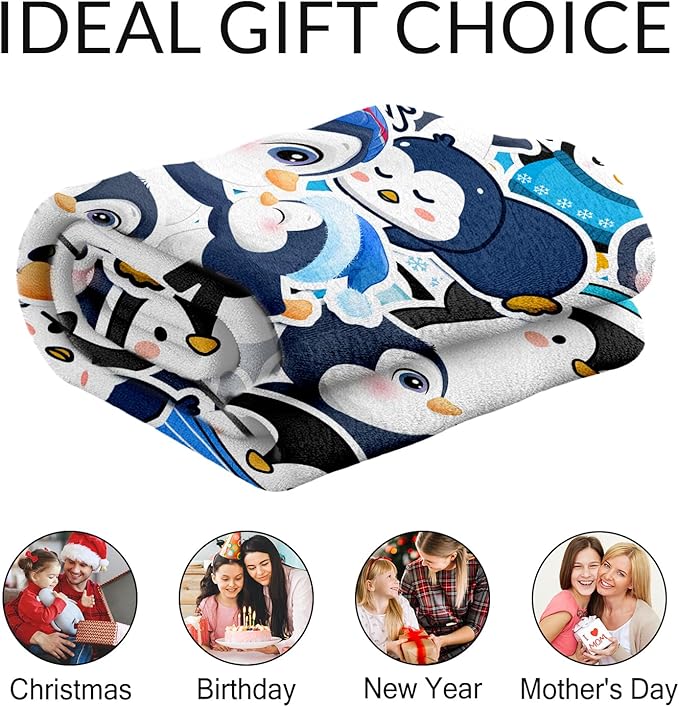 Custom Penguin Throw Blanket for Teens - 50" x 60" Inches Cute Penguin Blanket Gift for Girls - Blue Soft Cozy Throws for Couch, Bed & Travel