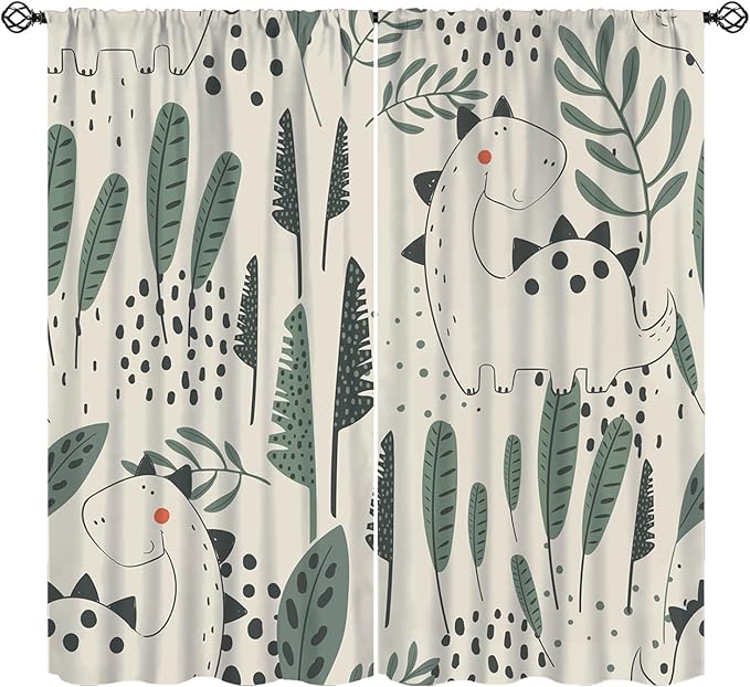 Dinosaur Curtains, Cute Dino Tropical Leaves Plant Beige Green Blackout Window Treatments, Rod Pocket Thermal Insulated Drapes 2 Panel Sets for Children Bedroom Nursery Classroom, 72" W X 63" L