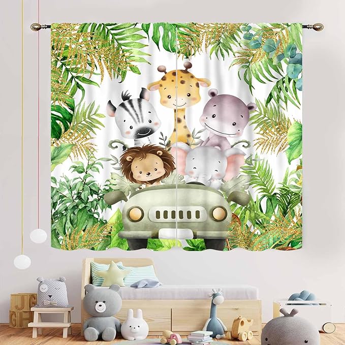 Jungle Safari Animals Curtains, Cartoon Animals Lion Giraffe Elephant Woodland Tropical Leaf Green Window Drapery for Kids Boys Girls Baby Living Room Bedroom Nursery 2 Panels, 42"x54" Inch