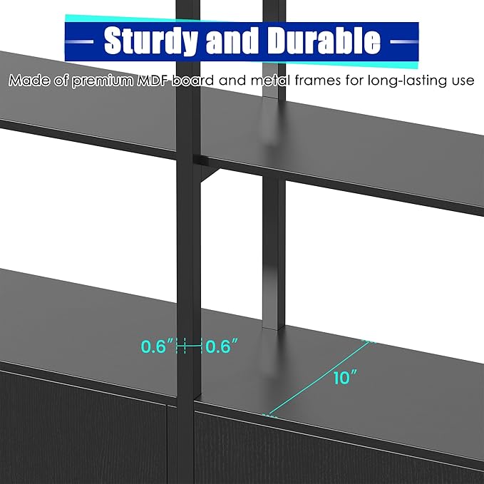 Triple Wide 5 Tier Tall Arched Bookshelf and Bookcase with 3 Cabinets, Industrial Metal Etagere Open Bookshelf, Wood Standing Book Shelf with Black Metal Frame for Bedroom Living Room