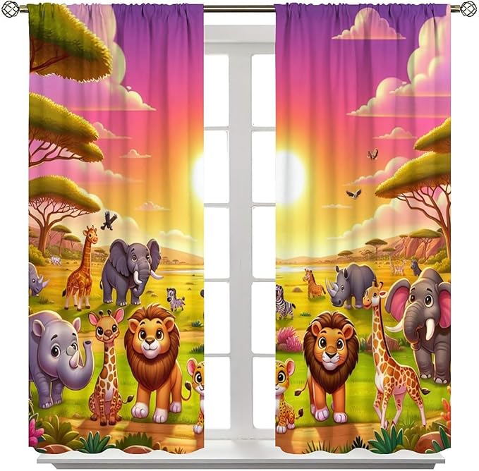 West Animal Curtains Kids Boys Girls Window Treatment Africa Cartoon Animals Lion Elephant Giraffe for Nursery Baby Bedroom Playroom Decor Window Drapes 63" W X 72" L