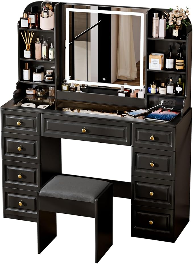 43" Makeup Vanity Desk with Mirror and Lights, & Power Outl, Glass Top Big Vanity Table with 9 Drawers& 8 Storage Shelves, Dressing Table Set with Chair for Bedroom, Black