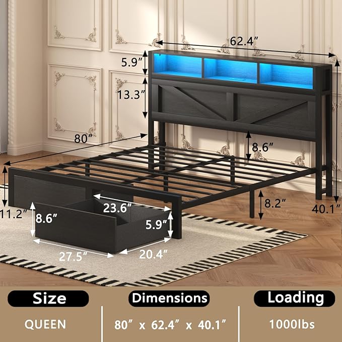 Farmhouse Queen Bed Frame with Bookcase Storage Headboard, Charging Station
