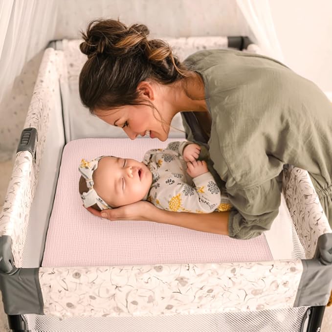 lulumoon Pack and Play Sheets for Girls: Soft Muslin Cotton for Playard Mattress - Stretchy Snug Fit for 4moms Pack n Play