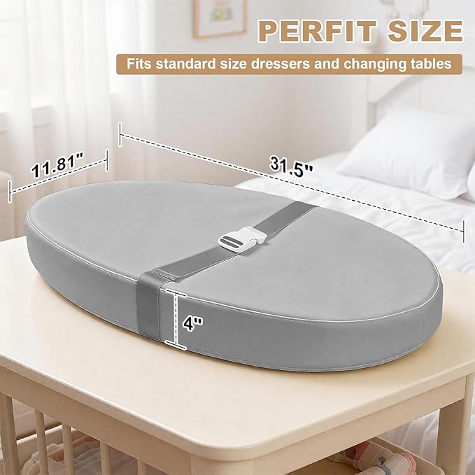 Baby Changing Pad for Dresser, with Wipeable Waterproof PU Cover, Contoured Diaper Changing Pad with Non-Slip Safety Belt, Portable Lightweight Changing Mat with Cushioned Foam, Grey