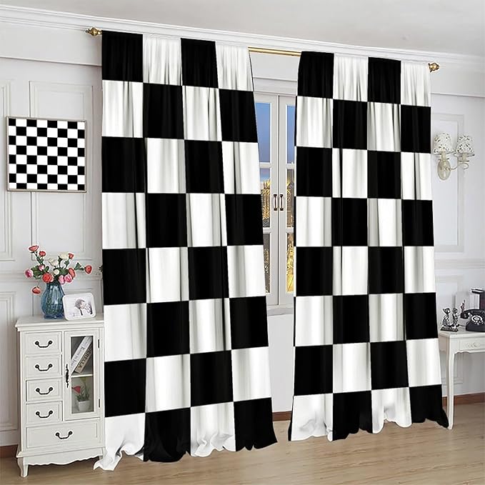 Black Checkered Curtains,70s Vintage Twisted Checkered Window Drapes Colorful Groovy Trendy Wavy Hippie Grid Print Window Treatments for Kids Boy Bedroom Living Room 42" W X 63" L
