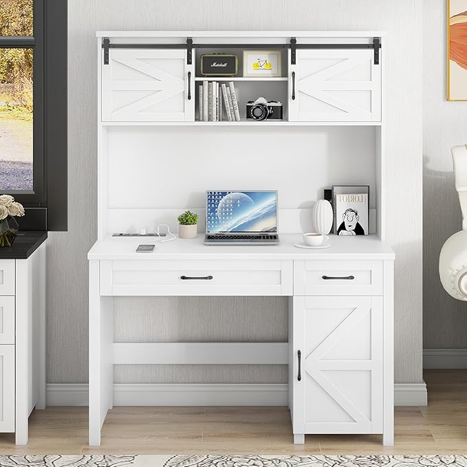 Farmhouse 47" Executive Desk, Computer Desks with 2 Drawers and Storage Cabinet, Home Office Desk with Hutch and Charging Station, Workspace for Work and Study. (Cream White)
