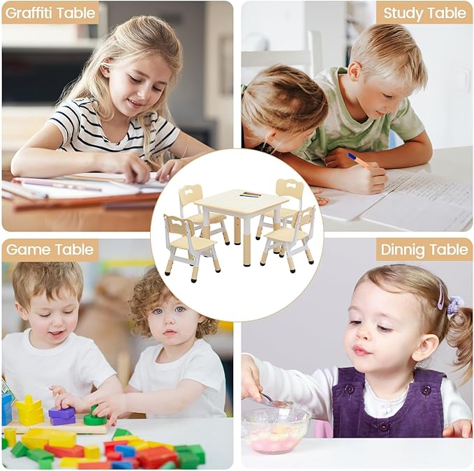 GarveeHome Toddler Table and 4 Chairs Set with Graffiti Desktop, Height Adjustable Kids Table and Chairs Set with Storage, Non-Slip Legs, Kids Activity Table for Home, Nursery, for Age 2-10