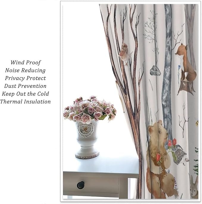 Rustic Forest Window Curtains Curtains, Woodland Animal Bear Deer Hedgehog Fox Forest Squirrel Watercolor Blackout Rod Pocket Window Treatments Drapes for Boys Girls Bedroom 84x84in