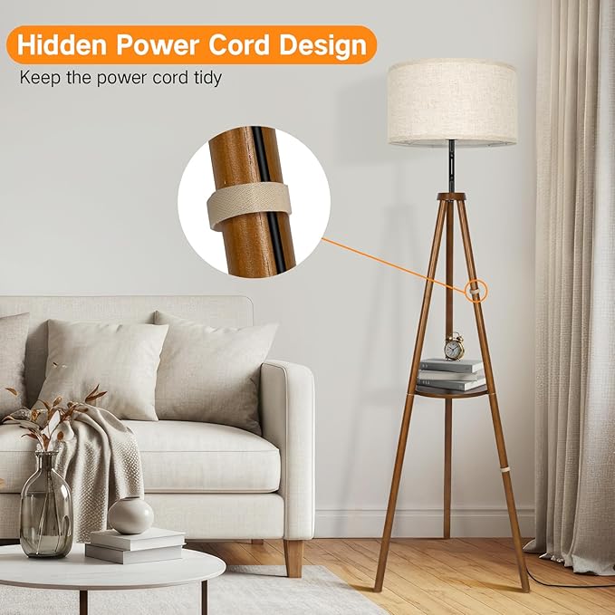 OUTON Wood Tripod Floor Lamp with Shelves, Mid Century LED Modern Dimmable Floor Lamp with Remote & Touch Control, Sturdy Tall Standing Lamp for Living Room, Bedroom, Office, Walnut