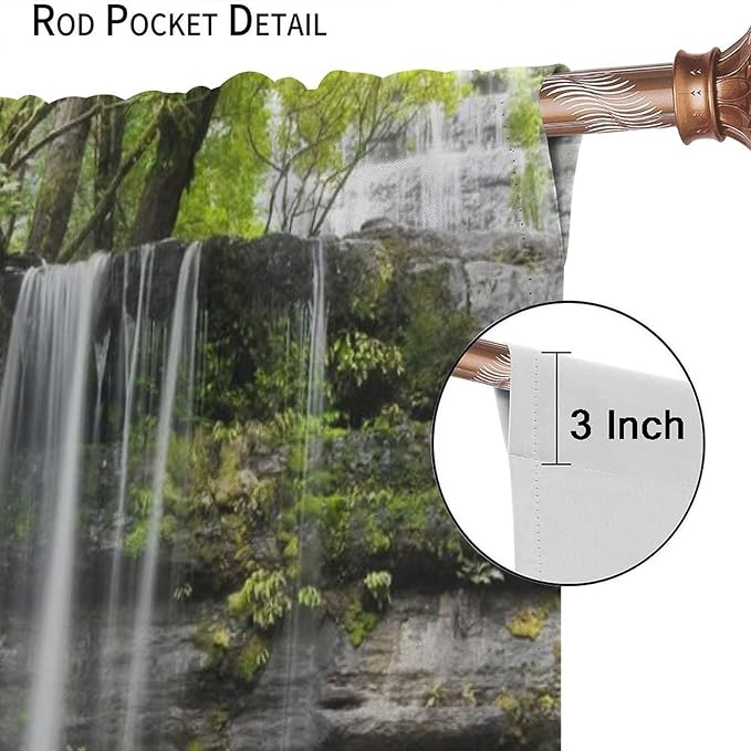 Natural Landscape Waterfall Blackout Curtains, Forest Falls Spring Natural Scenery Green Plant Tree Leaf Rod Pocket Window Drapes, for Bedroom Living Room 72" W X 63" L