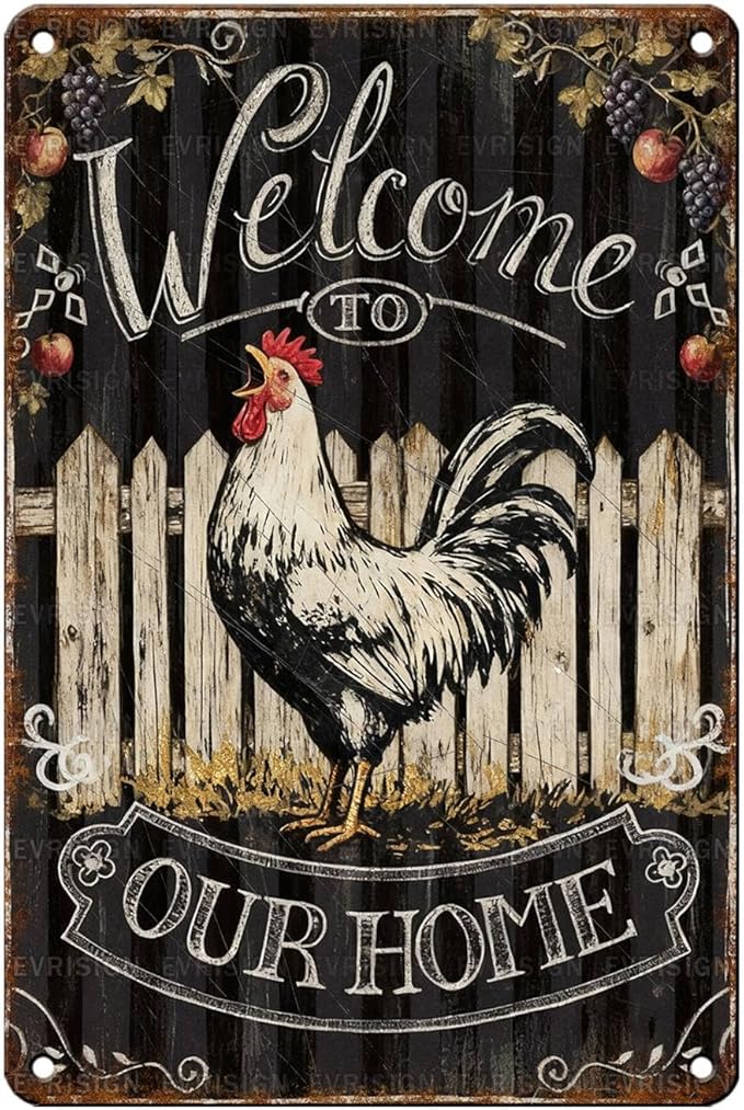 Vintage Rooster Tin Sign Welcome To Our Home Retro Chicken Metal Poster Rustic Nostalgic Metal Sign Wall Decor For Home Farmhouse Farm Room Yard Cafe Kitchen Bar 12 * 8In