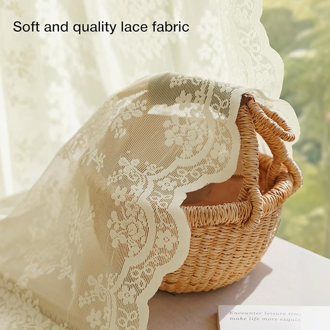 Anmao Vintage Lace Curtains 63 Inches Long 2 Panels Set, Romantic Elegant Light Filtering Semi Sheer Floral Thick Lacy Curtain Drapes for Living Room and Bedroom, Each Panel 55W x 63L, Cream Yellow