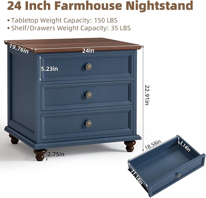 24" Wide Farmhouse Night Stand Set of 2,Large End Table with 3 Drawers & Metal Handle,Blue Wood Dresser for Bedroom Cabinet, Bed Side Table Chest of Drawers,Nightstand for Living Room,Closet
