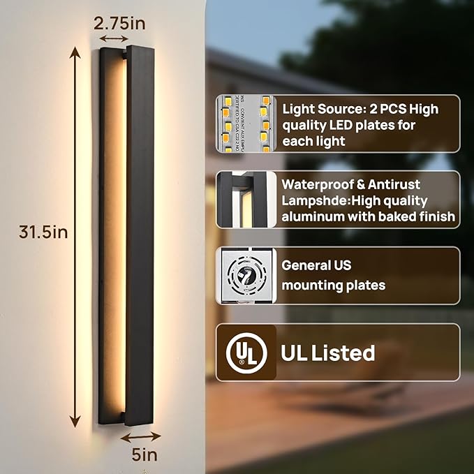 31.5 Inch Modern Outdoor Wall Sconces Light 3000K LED Exterior Lighting