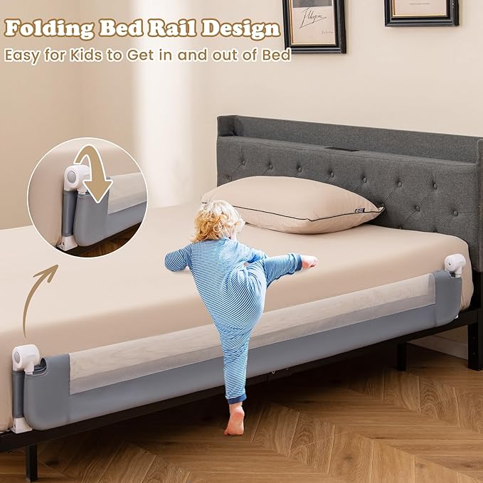 BABY JOY Double Sided Bed Rail Guard, 2 Pack, Extra Long, Swing Down for Convertible Crib, Folding Baby Safety Bedrail for Kids Twin Full Size Queen King Mattress, Rails for Toddlers (Light Gray, 71")