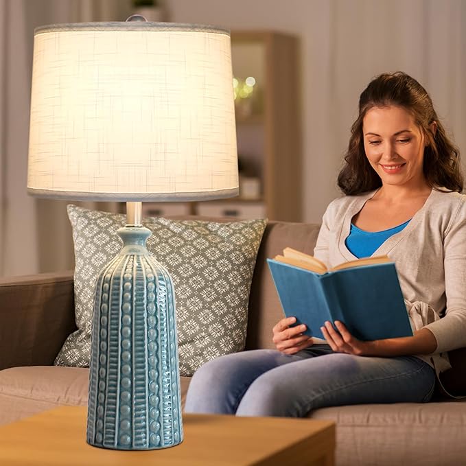 Green Ceramic Table Lamp 24.5": 3-Way Dimmable Nightstand Lamp
